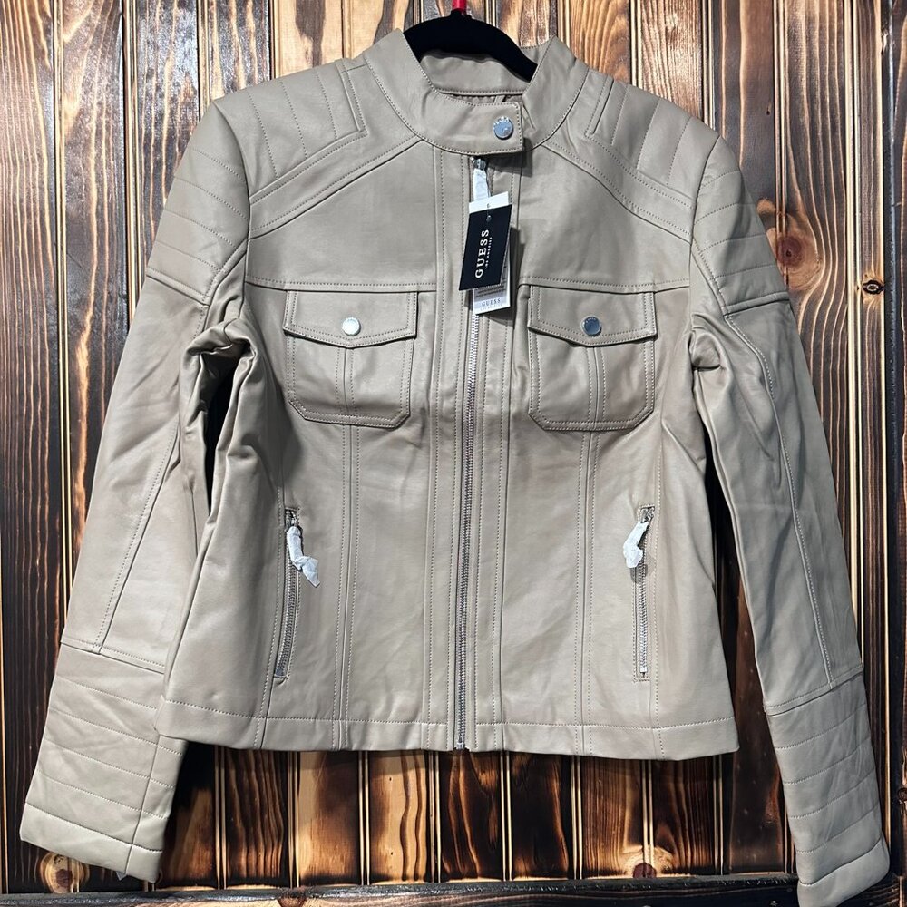 NEW GUESS‎ Women's Faux Leather Moto Jacket In Beige Sz L